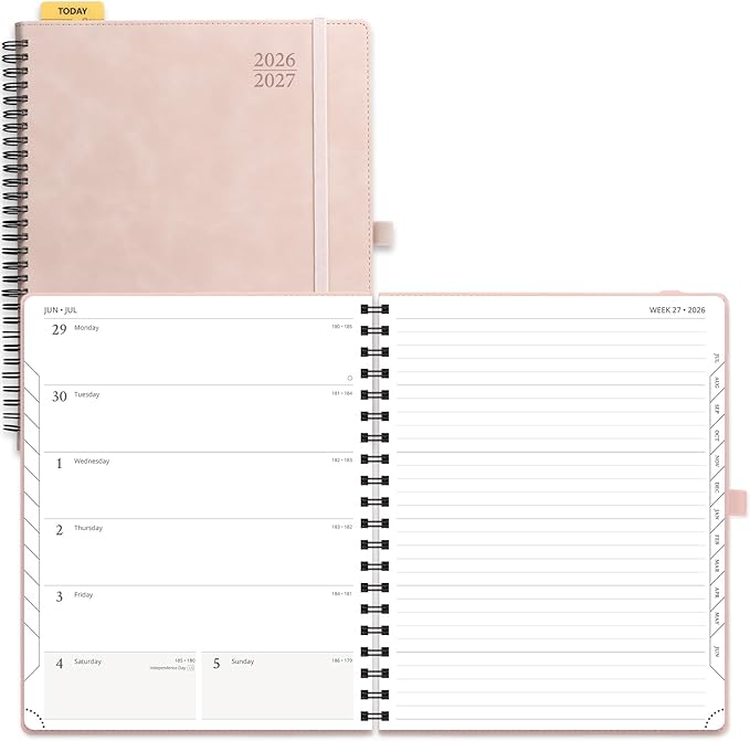 POPRUN Weekly Planner 2026-2027 (July 26-June 27), Large-8.5" x 10.5", Academic Agenda 2026-2027 Calendar Notebook Planner for School, College, Spiral Leather Softcover, 100GSM - Pink
