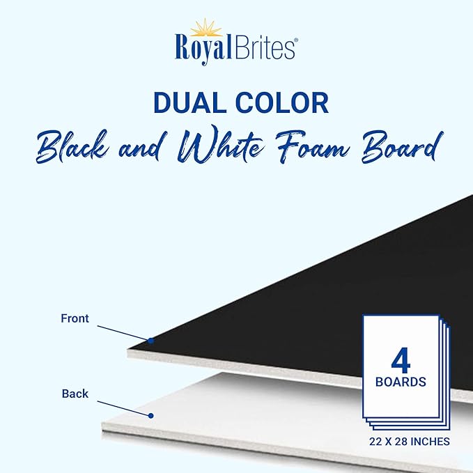 Royal Brites Dual Color Black/White Foam Board 22” x 28”, Sturdy & Lightweight 3/16" Thick Board for Art, Work Presentations, & School Projects, Pack of 4