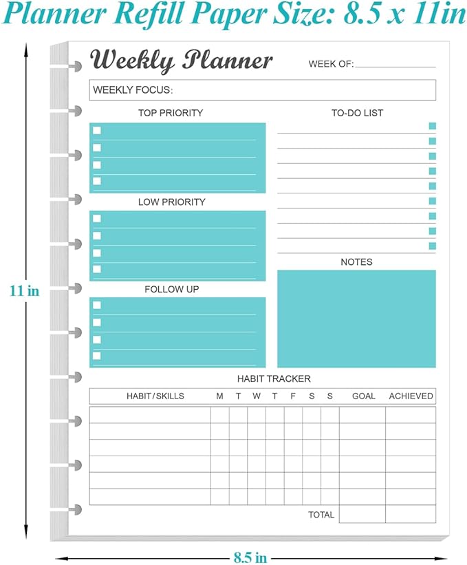 Weekly Planner Undated Refills - Letter Size 53 Sheets/106 Pages Weekly Planner for 11-Disc Discbound, TUL, 100 gsm White Paper, Lasts 1 Year, Undated, 8.5" x 11", Teal