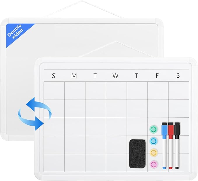 Monthly Whiteboard Calendar for Wall, Small 16" x 12" Dry Erase Board with Plastic Frame, Hanging Dry Erase Calendar for Kitchen Planner, Memo, Office