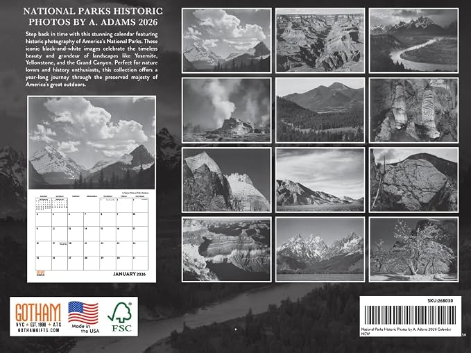 National Parks Historic Photos Calendar 2026 Black White Monthly Wall | American Made In The USA