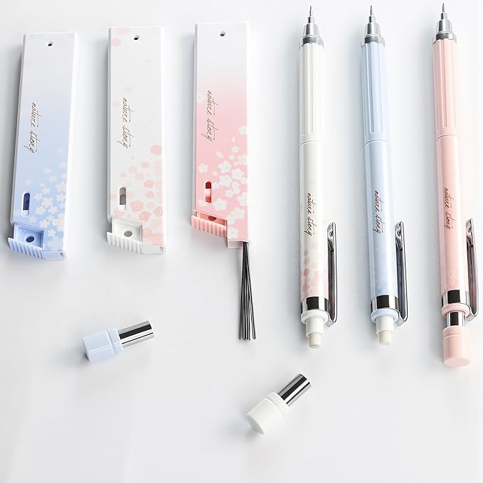 Cute Coquette Cherry Blossom Mechanical Pencils Set Include 3 Kawaii Mechanical Pencils,3 Tubes Mechanical Pencil Lead Refills,0.5mm Aesthetic Mechanical Pencil for School Office Writing Draft Drawing