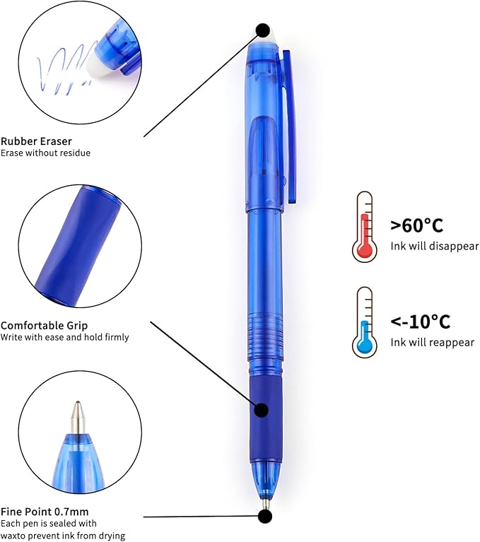 Volcanics 36 Pack Erasable Gel Pens – 18 Blue & 18 Black Gel Ink Pen, 0.7mm Fine Point, Smooth Fast-Drying, Capped Pens for School, Office, Students & Journaling