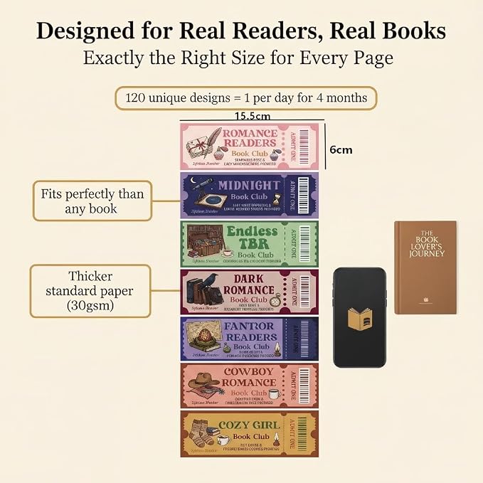 120Pcs Book Club Ticket Bookmarks Bulk, Vintage Retro Ticket Bookmark Set for Book Lovers, Anti Social Dark Romance Cozy Reading Themed Book Marks Bulk, Book Club Gifts for Readers Women Men