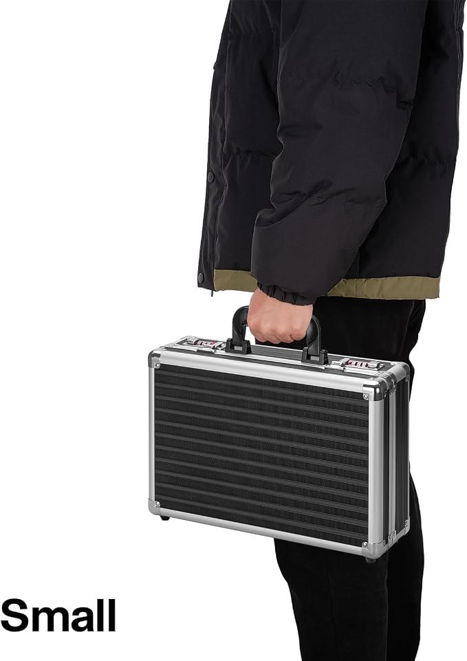 Medium Portable Locking Storage Totes - 14.2 x 9.8 x 4.5 Inch, Black, Modern Aluminum Storage Box with Dual Combination Locks