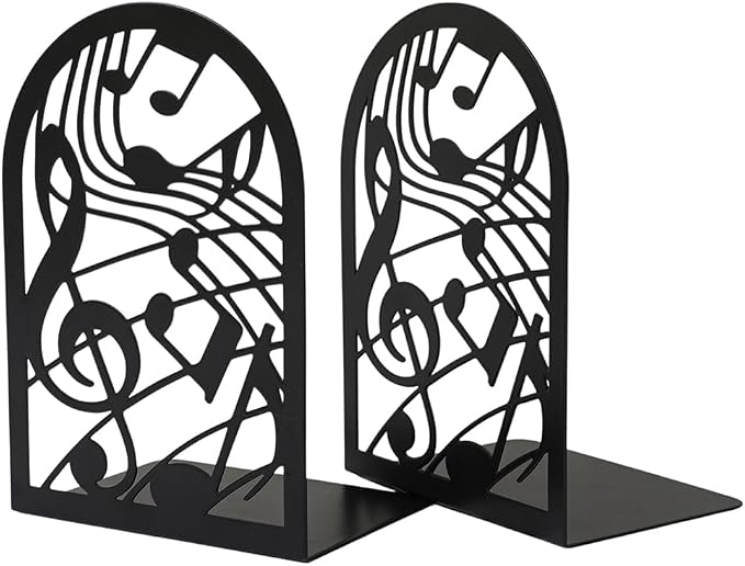 Book Ends, Bookends, Book Ends for Shelves, 2Pair Non Skid Metal Book Divider Decorative Holder, Abstract Art Desgin Book Stopper Supports for Office, Home (Music Note)