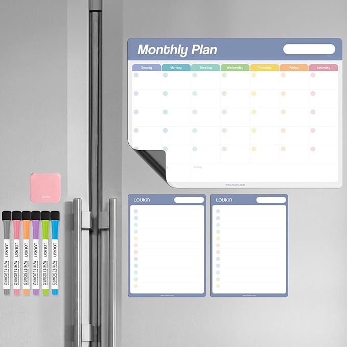 Loukin Dry Erase Calendar Set, Monthly Planner and Checklist, Electrostatic Adsorption Reusable Whiteboard for Office Classroom Refrigerator, Clings to Any Shiny Surface, 6 Markers&1 Eraser Included