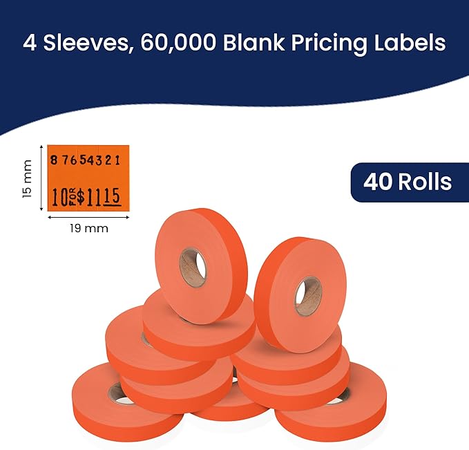Perco Fluorescent Red Pricing Labels for Monarch 1115 Price Gun, 4 Sleeves - 60,000 Pricemarking Labels - with Bonus Ink Rolls