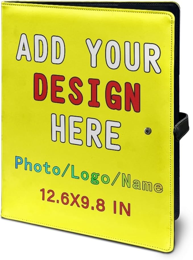 Professional Padfolio with Clipboard, Business Resume Portfolio Folder, Leather Notepad Portfolio Organizer with Logo Text Picture, Yellow