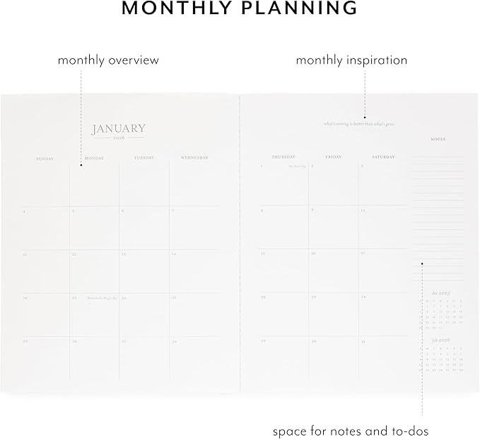 Sugar Paper 2026 Monthly Planner, January to December, 8" x 10", Calendar for Women, Flexible Matte Paper Cover, Fabric Tape Stitch Binding, 12 Month, Black Swiss
