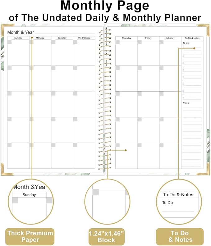 Undated Daily Monthly Planner for 2026 or Anytime - A5 To Do List with Hourly Schedule, Hardcover Spiral Bound Daily Planner to Increase Focus, Stylish School/Office Supplies, 5.8" x 8.5", Green Leaf