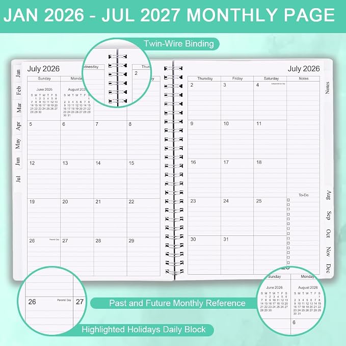Cheericome Planner 2026-2027, Monthly Weekly Planner Runs January 2026 to June 2027, 26-27 Planners with PP Cover and Elastic Bond, 18 Month, Teal Monthly Planner Calendar