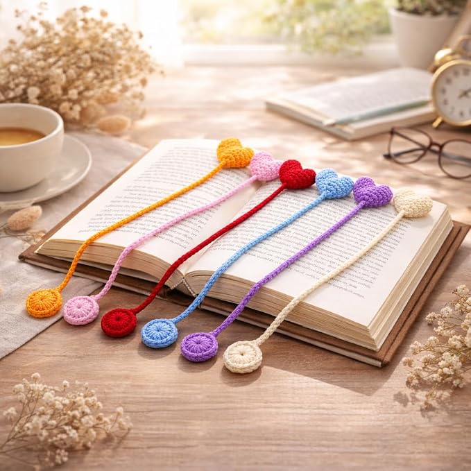 6 Pack Heart Shaped Crochet Bookmarks,Handmade Knitted Heart Shaped Book Marker for Women Personalized Book Marks for Reading Men, Book Lover Teacher Kids Birthday Gift,Cute Unique Bookmarks