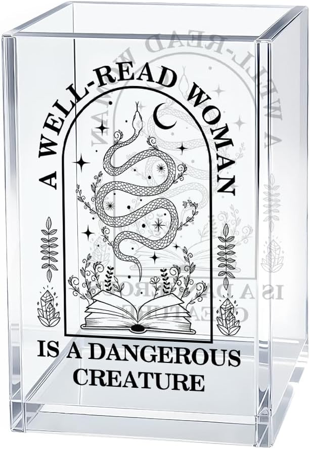 A Well-read Woman Is A Dangerous Creature Acrylic Pen Holder Makeup Organizer, Funny Pencil Pen Holder for Desk, Desk Accessories for Women Librarian Bookish Teacher, Feminist Book Lover Gifts