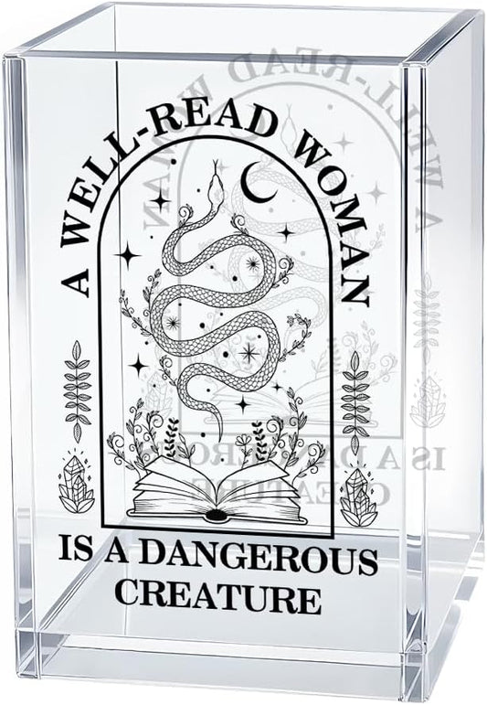A Well-read Woman Is A Dangerous Creature Acrylic Pen Holder Makeup Organizer, Funny Pencil Pen Holder for Desk, Desk Accessories for Women Librarian Bookish Teacher, Feminist Book Lover Gifts