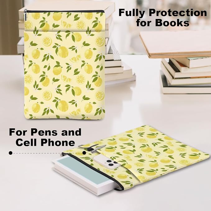Book Sleeve Book Lovers Gifts Waterproof Books Pouch Protector Cover Reading Accessories Gifts for Women Girls Bookworm Coworker Sister Reader Librarian Birthday Graduation Christmas, Lemon Lover Gift