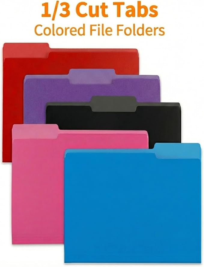 VZCPYTPM 100 Packs Colored File Folders,1/3-Cut Tabs,Letter Size File Folder,Manilla folders to Organize 8.5x11 documents,Ideal for Office,School and Home,Organizer Folder(Black,Blue,Red,Pink,Purple)