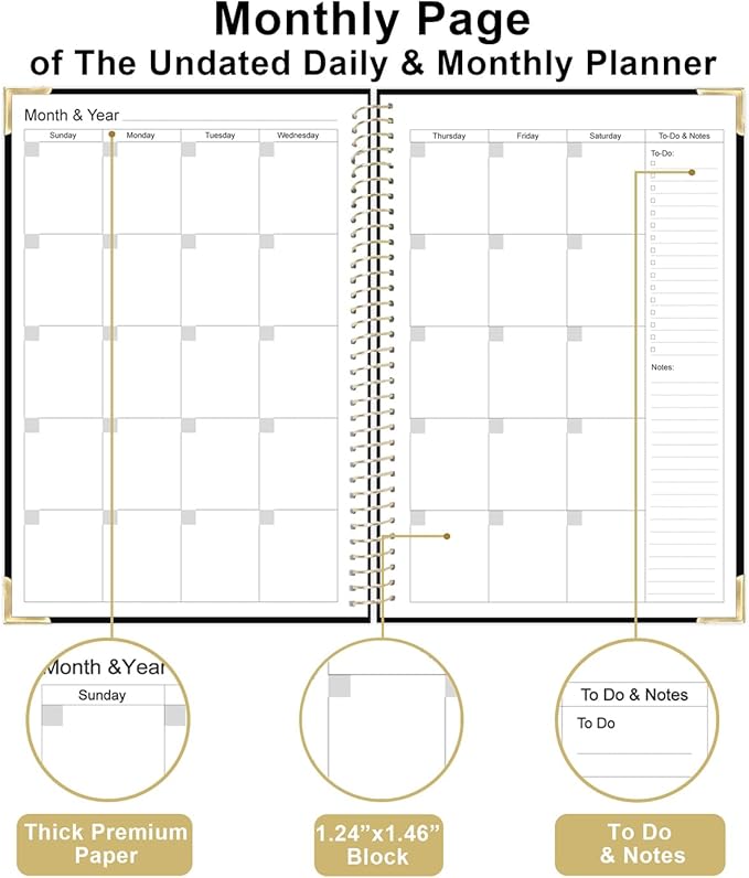 Undated Daily Monthly Planner for 2026 or Anytime - A5 To Do List with Hourly Schedule, Hardcover Spiral Bound Daily Planner to Increase Focus, Stylish School/Office Supplies, 5.8" x 8.5", Black