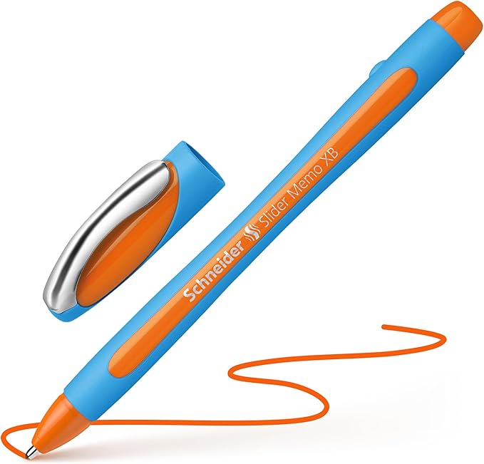 Schneider Slider Memo XB (Extra Broad) Ballpoint Pen, 1.4 mm, Light Blue Barrel, Orange Ink, Box of 10 Pens (150206)