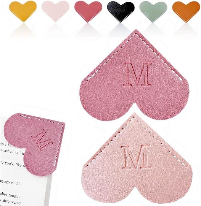 2PCS Personalized Leather Heart Bookmark, 26 Letters Customized Corner Book Mark for Reading, Book Holder Markers with Initials Page Book Accessories Cute Gifts (Light Pink+Deep Pink, M)