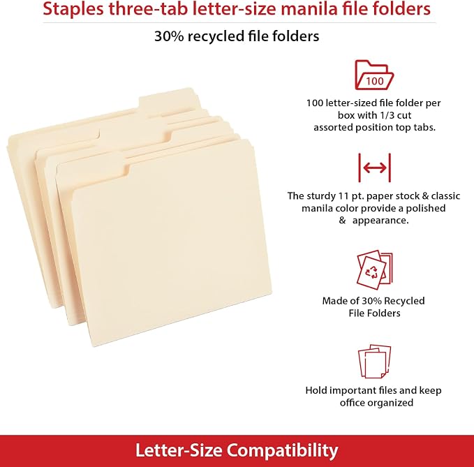 Staples File Folders, Letter Size, 1/3‑Cut Tabs, Assorted Positions, Manila, Durable Paper Stock, 100/Pack
