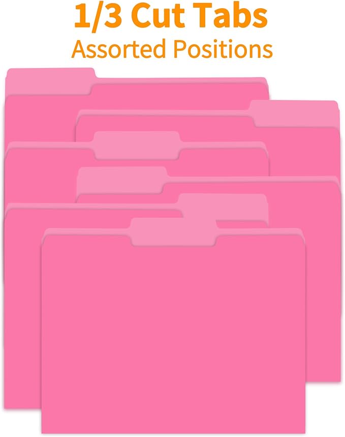 VZCPYTPM 150 Pack Pink File Folders,Letter Size (8.5x11 in),1/3-Cut Tabs in Assorted Positions,Cardstock Paper Folders for Office,School & Home Filing Cabinet Organization, Bulk Document Folders