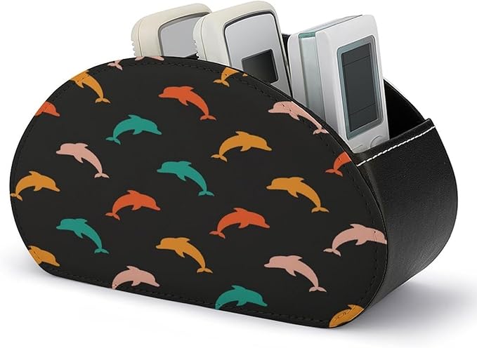 Colorful Dolphin Remote Control Holder with 5 Compartment PU Leather Multi Functional Desk Storage for TV Remotes Office Supplies