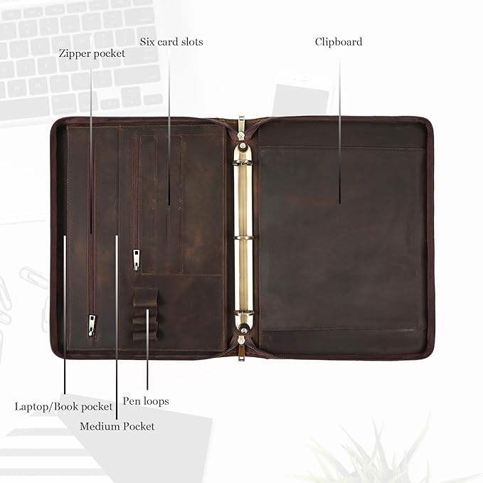 Genuine Leather Portfolio, 3 Ring Binder Padfolio, 11"×14" Padfolio Organizer, Professional Business Portfolio Binder for Men and Women