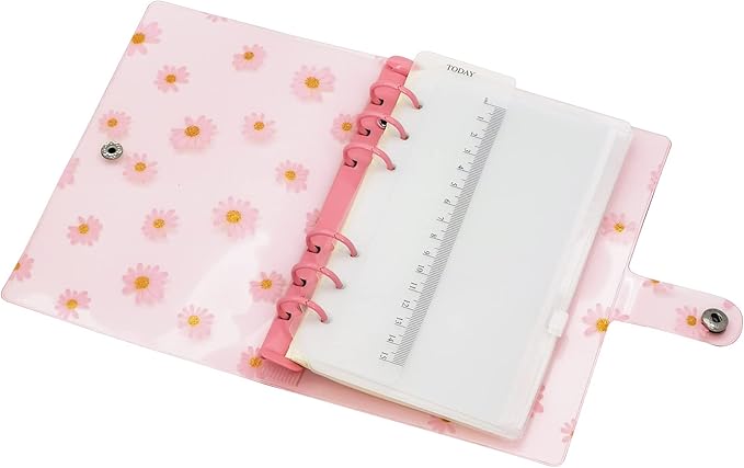 A6 A5 6-Holes Colorful PVC Cover Personal Organizer with Snap Button Closure File Folder for Loose Leaf Sheet Notebook (Pink Daisy, A6 Combo)