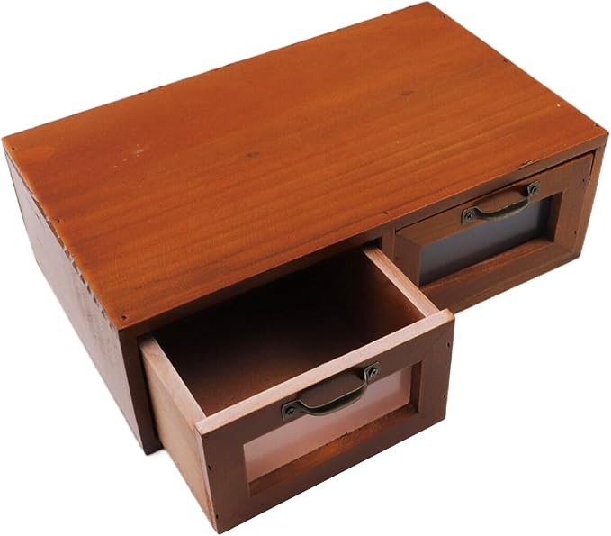 2-Drawer Desk Organizer Tabletop Storage Organization Box with Vintage Metal Label Drawer Pulls Office Supplies Storage & Desk Accessories