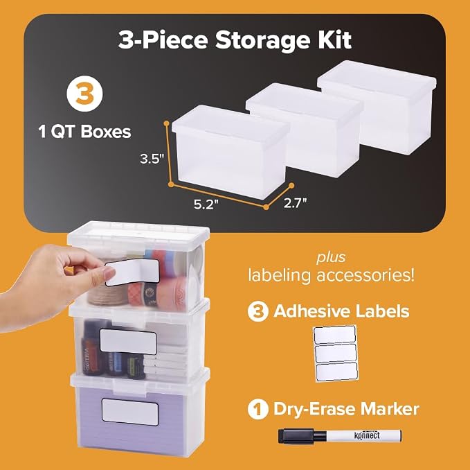 Bostitch Konnect Storage Containers with Lids, Office Organizer, Clear Plastic Box, Stackable for Index Cards, Labels, 1 Qt, 3 Pack