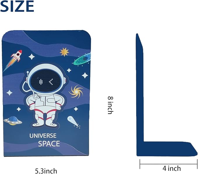 8-Piece Metal Bookends for Kids - Non-Skid Heavy Duty Astronaut Design (5.3 x 4 x 7.5 inches)