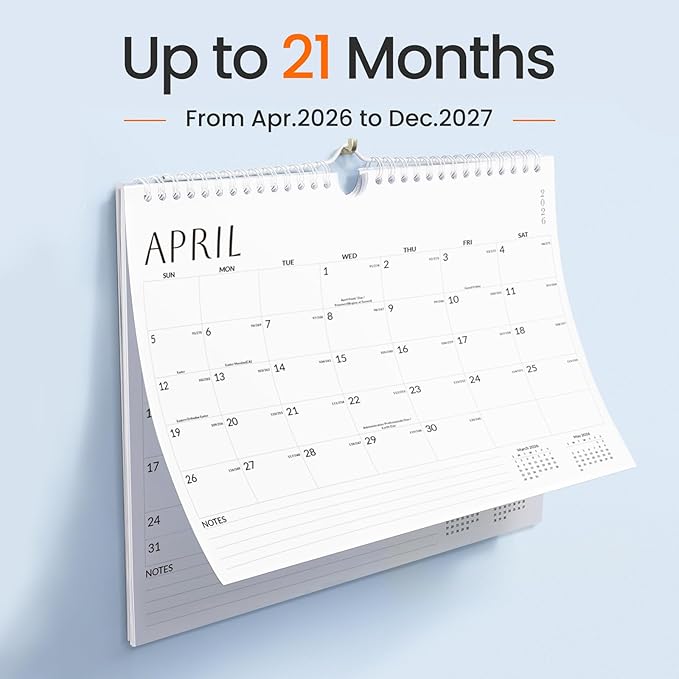 SUNEE Wall Calendar 2026 21 Months Apr. 2026 - Dec. 2027, 14.5"x11.5" Big Grid Hanging Calendar with Note for Organizing & Planning, Monthly Calendar 2026-2027 with Last Month and Next Month, White