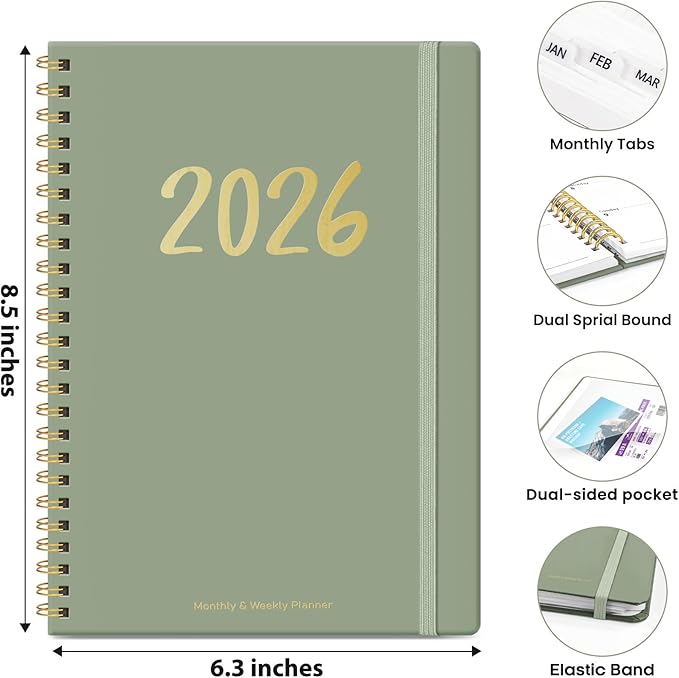2026 Planner - Weekly and Monthly Planner, January 2026 to December 2026, Spiral Bound 2026 Calendar Planner Book, Inner Pocket, Perfect for Office Home School Supplies - A5 (6.3" x 8.5"), Green