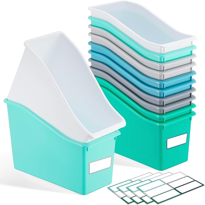 Geetery 12 Pcs Book Bin for Classroom with Labels Stackable Plastic Organizing Bins 11.5 x 5.4 x 7.5 in Book Holders Storage Bins Box Baskets for Classroom Library Home (Morandi Color)