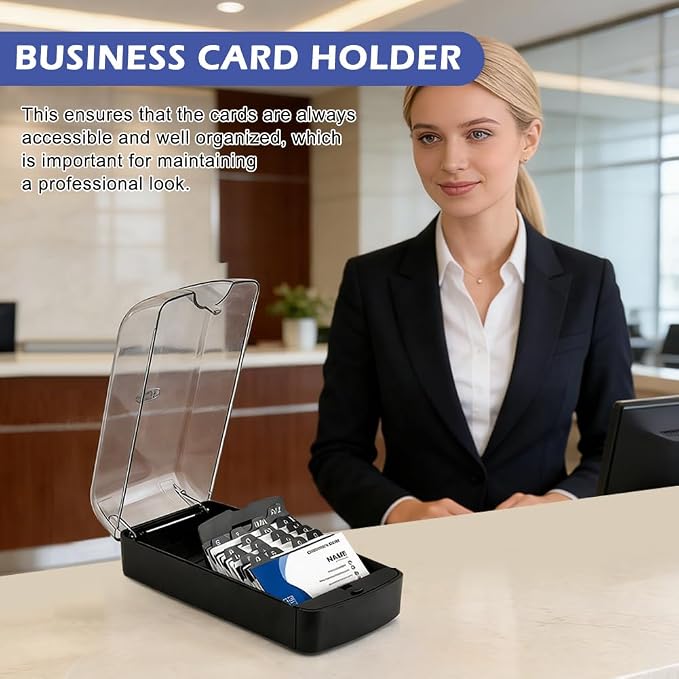 Business Card Box, Lightweight Desk Organizer with Clear Lid Storage up to 350 Cards Credit Cards Holder File Box Storage for Tabletop Office (2)