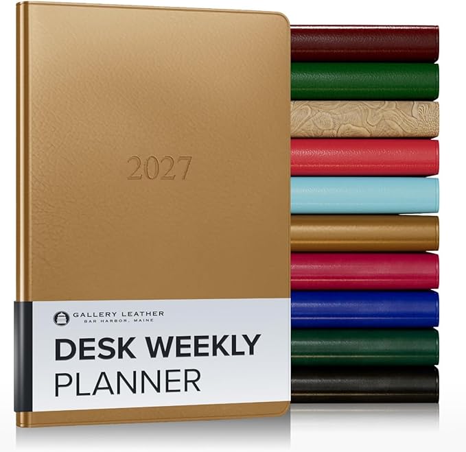 Gallery Leather Desk Weekly Monthly Planner 2027, Elegantly Bound Calendar Planner and Notebook with Stylish Gold-Gilded Page Edges, 12 Months - Freeport Metallic Gold - 8x5.5"