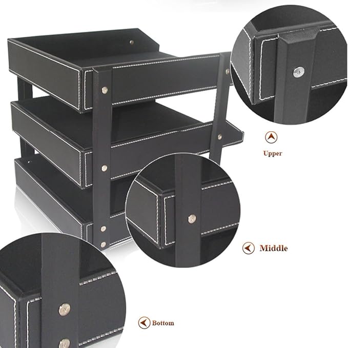 KINGFOM Letter Tray, Leather Paper Organizer Tray, Wooden Desk File Holder, Desktop File, Stackable Magazine Holder, Mail Sorter, Great for Home or Office - 3 Level Black