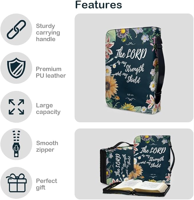 Bible Case with Handle and Zipper, Premium PU Leather Waterproof Bible Cover 11.2 x 8 x 2.2 Inches, Book Case for Standard Size Bibles with Pen Storage, Bible Accessories Gifts (Floral)