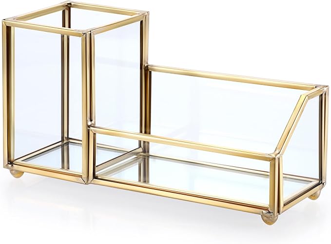Hipiwe Glass Business Card Holder with Pen Pencil Holder Cup Gold Metal Name Card Display Organizer Desktop Business Card Storage Case for Office Desk, 2 Slots
