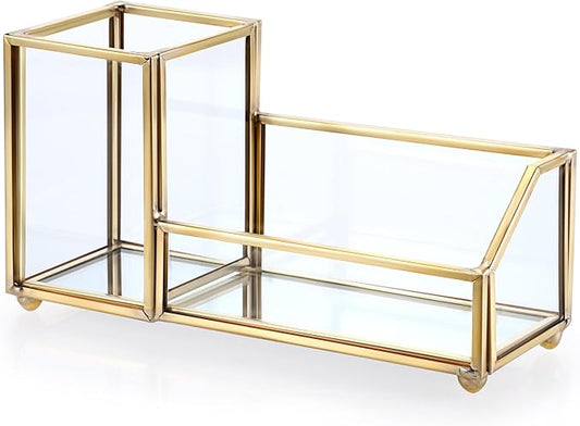 Hipiwe Glass Business Card Holder with Pen Pencil Holder Cup Gold Metal Name Card Display Organizer Desktop Business Card Storage Case for Office Desk, 2 Slots