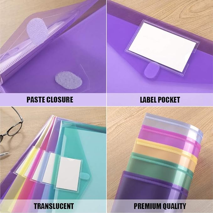 Sooez 10 Pack File Folders, Clear Poly Envelopes Plastic Folders, Folder for Documents Letter A4 Size with Label Pocket, Teacher School Office Supplies Organization Storage, Assorted Color