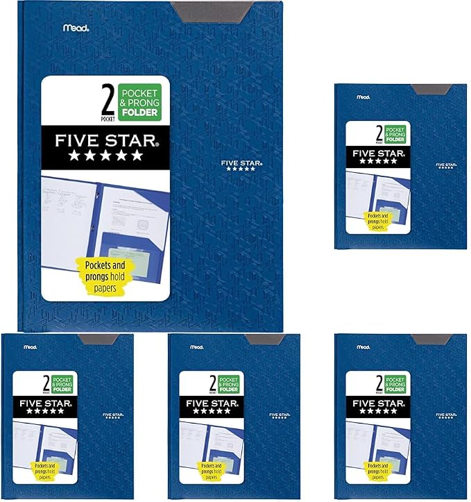 Five Star 2-Pocket Folder, Plastic Folder with Stay-Put Tabs and Prong Fasteners, Holds 8-1/2" x 11" Paper, Pacific Blue (72115) (Pack of 5)