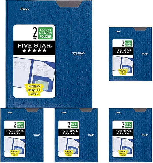 Five Star 2-Pocket Folder, Plastic Folder with Stay-Put Tabs and Prong Fasteners, Holds 8-1/2" x 11" Paper, Pacific Blue (72115) (Pack of 5)