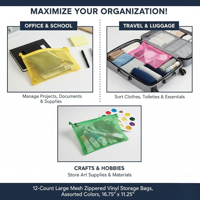 Fun Express 16 3/4" x 11 1/4" Large Mesh Zippered Vinyl Storage Bags - 12 Pieces