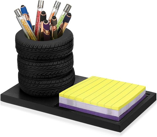 Fullhawl Tire Shaped Pen Holder with Sticky Notes Holder Set Tool Planter Pencil Storage Holder Desk Organizer Home Office Supplies Gift for Mechanics Car Lovers (Black)