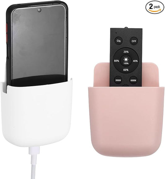 PATIKIL 2Pcs Remote Control Holder Wall Mount, Self-Adhesive TV Air Conditioner Control Holder Phone Charging Organizer Slot for Home Office Bedroom Supply Pen Organizer, White, Pink