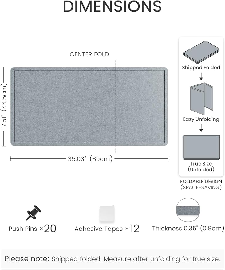 Fluxynara Bulletin Board, 35" x 17.5" Cork Board Alternative with 12 Safe Removable Adhesive Tabs, Foldable Felt Pin Board for Home Office, Classroom, Bedroom,Entryway for Walls—Blue Gray