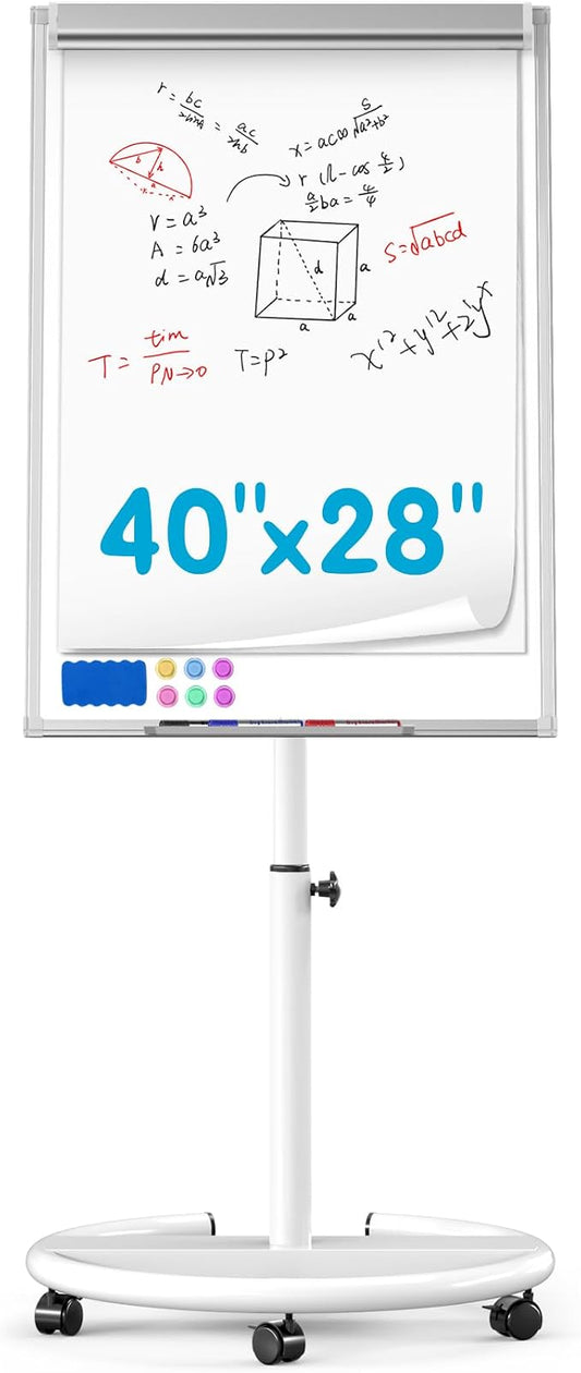 40 x 28 Inch Mobile Magnetic Whiteboard on Wheels, Height Adjustable Dry Erase Board Easel with Flipchart Paper Pad, Rolling Stand for Classroom, Office Meetings & Workshops, White