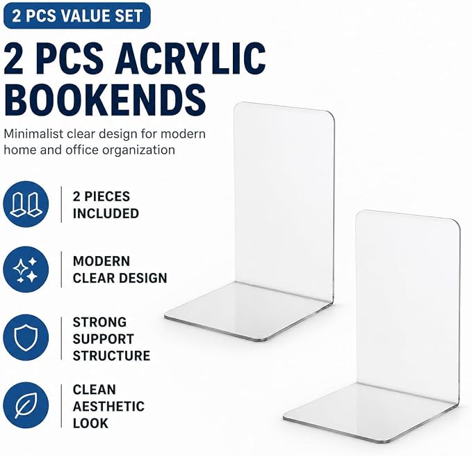 2 PCS Clear Bookends Acrylic Book Ends for Heavy Books Non Slip Book Stopper Holder Decorative Desk Shelf Organizer for Office Home School (Clear)